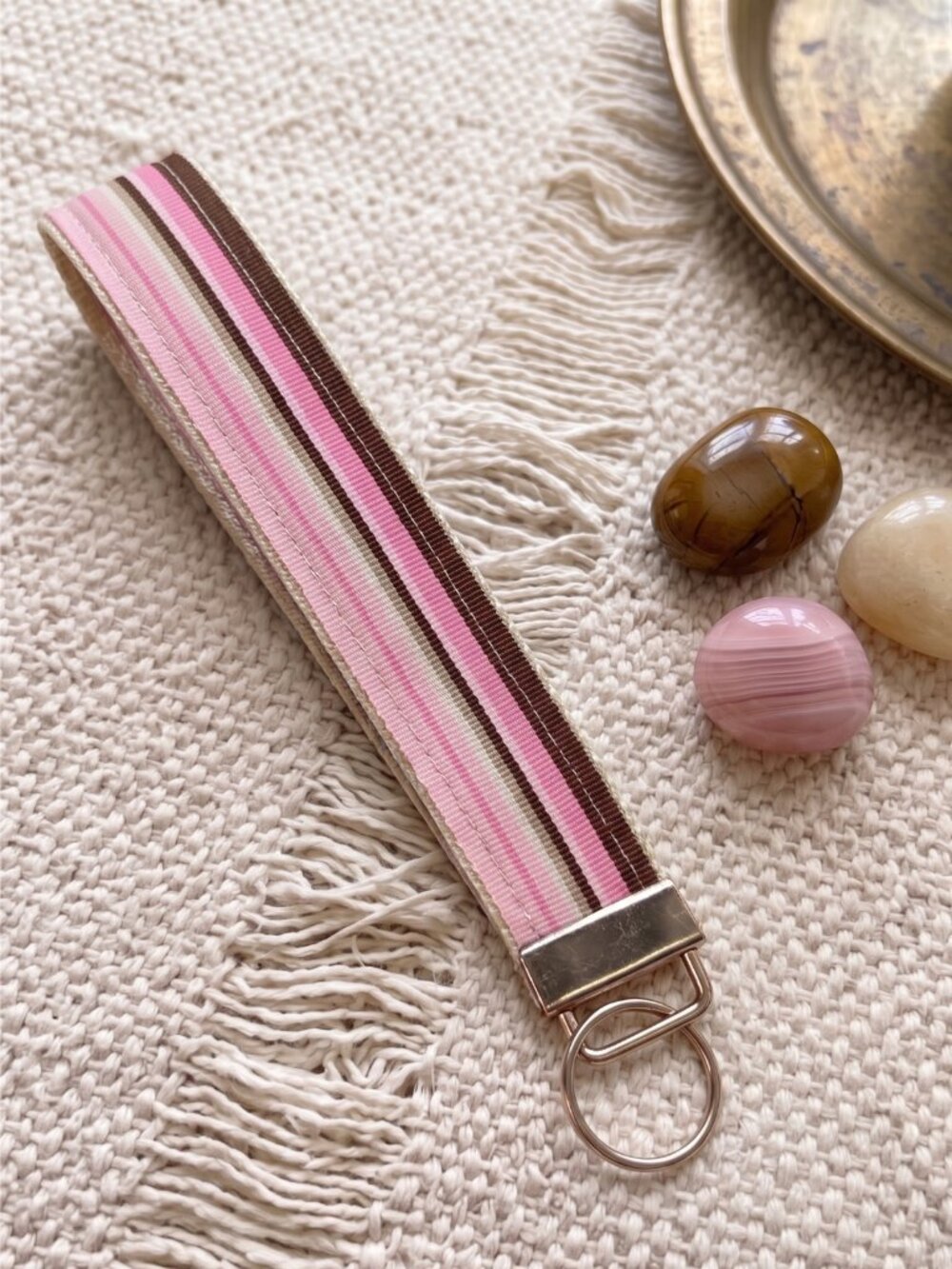 New Handmade Pink Brown Stripe Ribbon Key Fob Wristlet Keychain